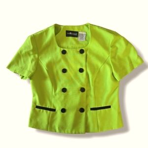 Vintage Lime Green Double-Breasted Suit Jacket Short Sleeve Women's PETITE